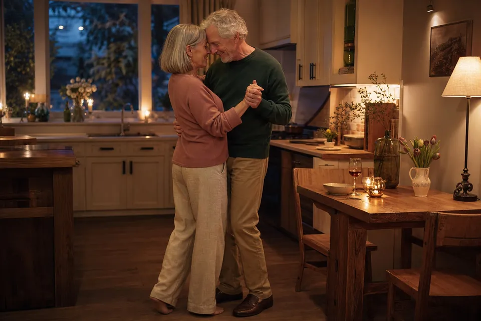 A long-time couple dancing at home