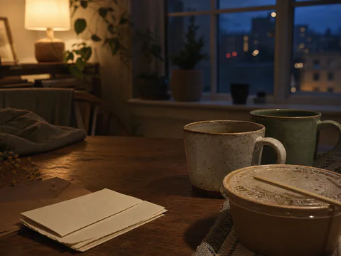 Illustrative keepsake cover with two mugs and a quiet apartment at dusk