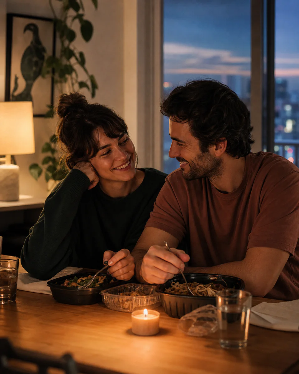 A couple sharing a quiet anniversary dinner at home