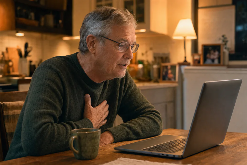 An older husband recording a warm memory through a laptop microphone