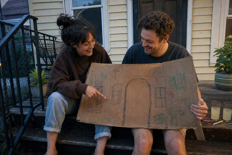 Dramatized fictional adult siblings unfolding the cardboard from an old childhood fort