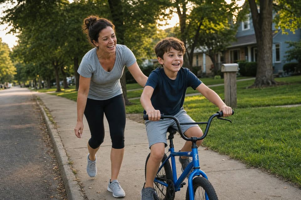 A fictional mother running behind her nine-year-old son as he rides a blue bicycle