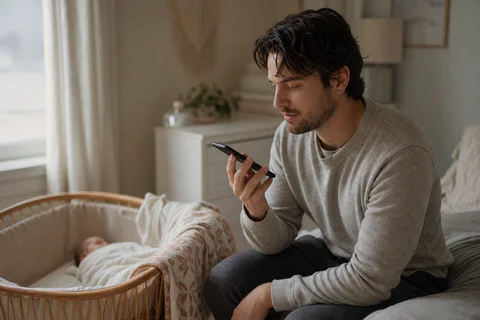 A new father recording a memory beside his sleeping daughter