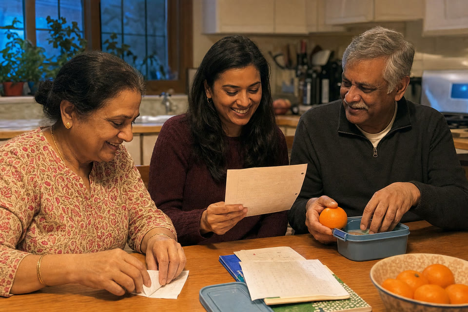 A fictional adult daughter standing with her mother and father in a familiar family kitchen