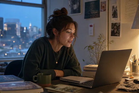 A young woman recording her story through a laptop microphone
