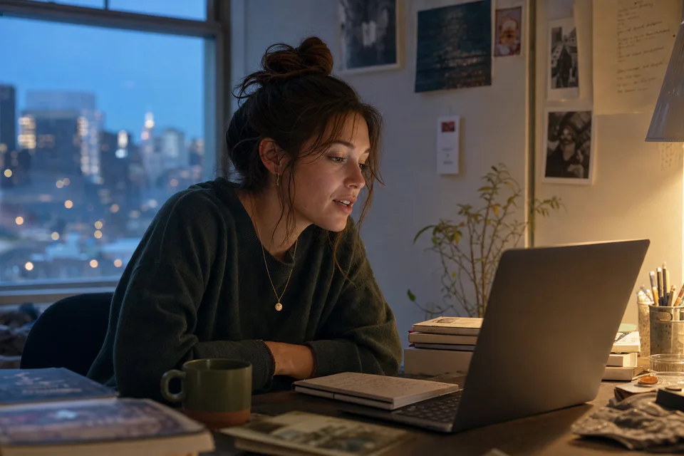 A woman planning a personal song at a laptop