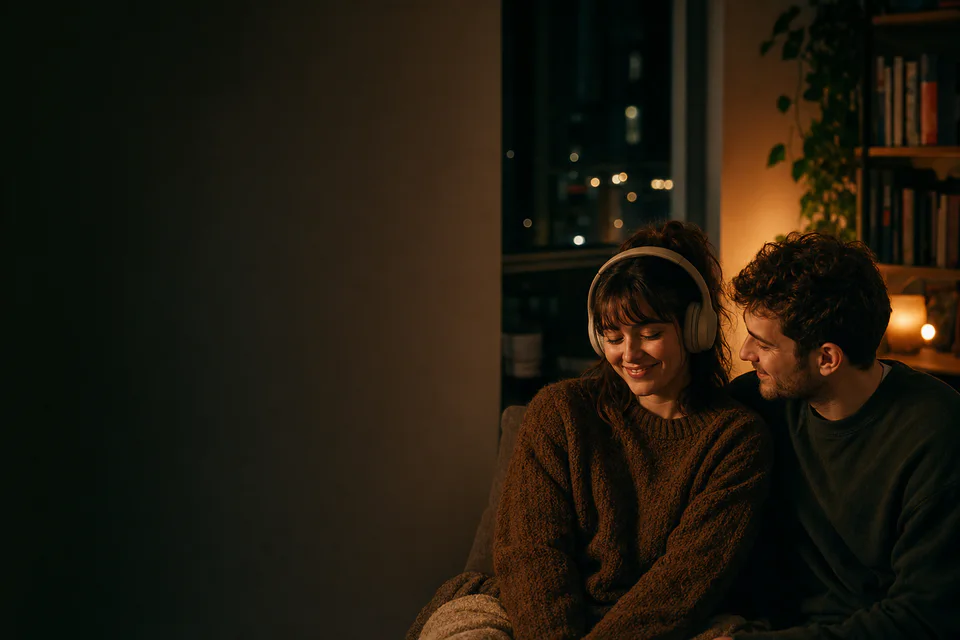 A young woman hearing her personalized song beside her partner