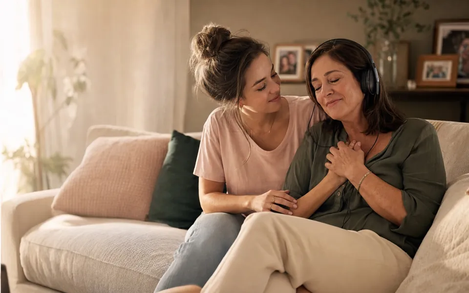 A mother and daughter listening together to a meaningful personalized song