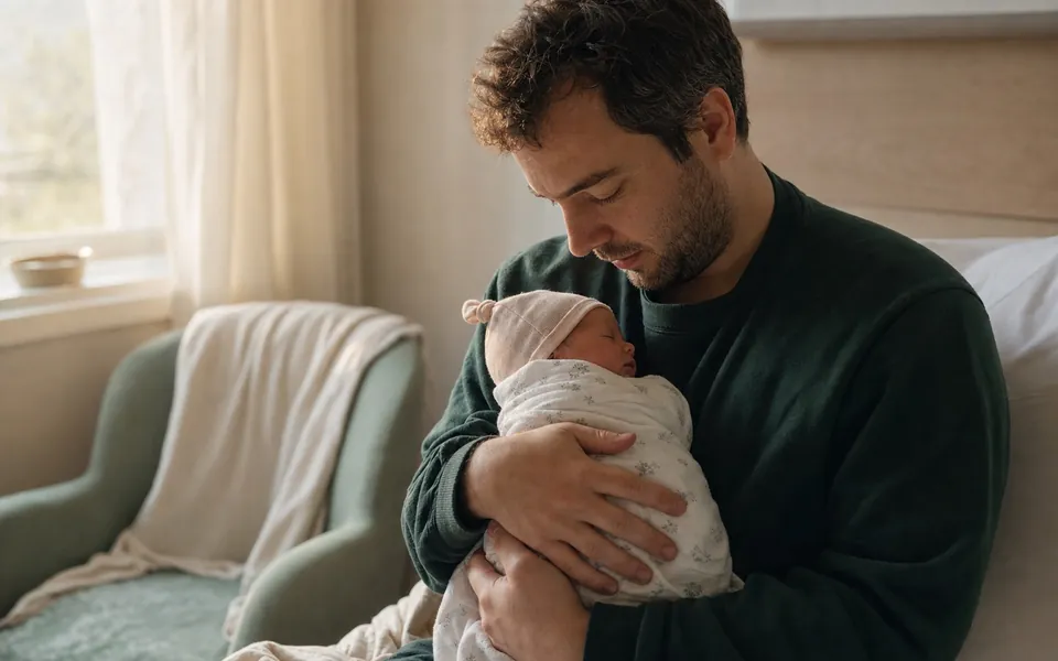 A father holding his newborn daughter in the morning light